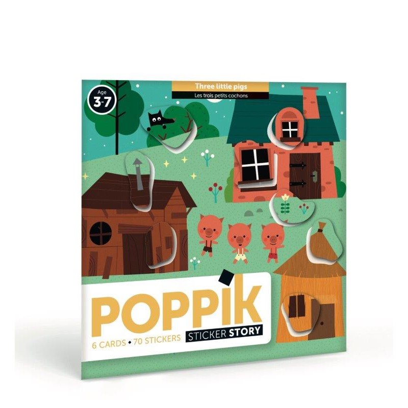 Poppik 6 cartes les 3 petits cochons 70 Stickers Gommettes - Poppik